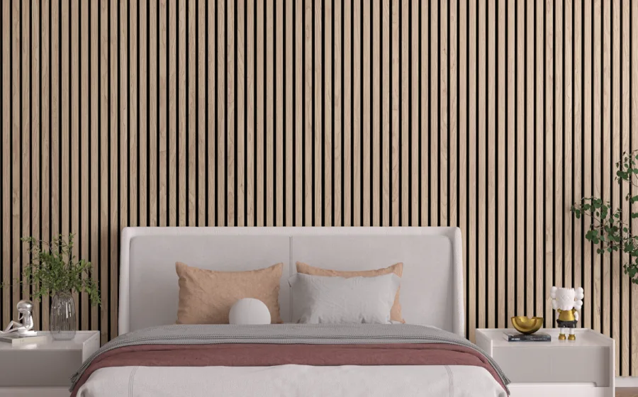 Blend akoestische wandpanelen achter het bed in de slaapkamer