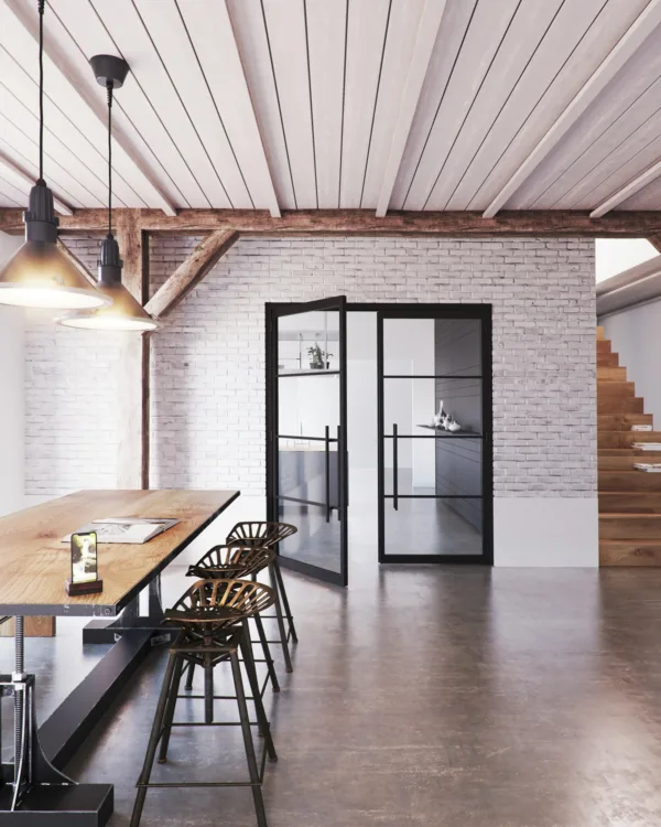 Landelijk interieur met dubbele stalen deuren