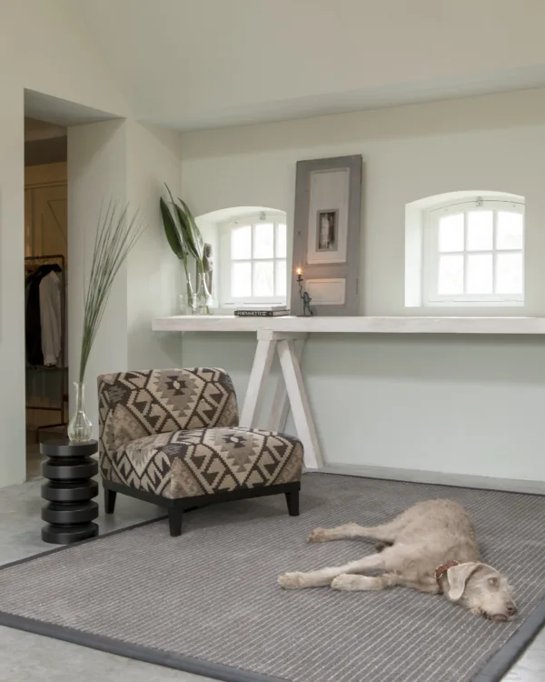 Woonkamer in landelijke stijl met relax fauteuil, groot vierkant grijs vloerkleed en hond