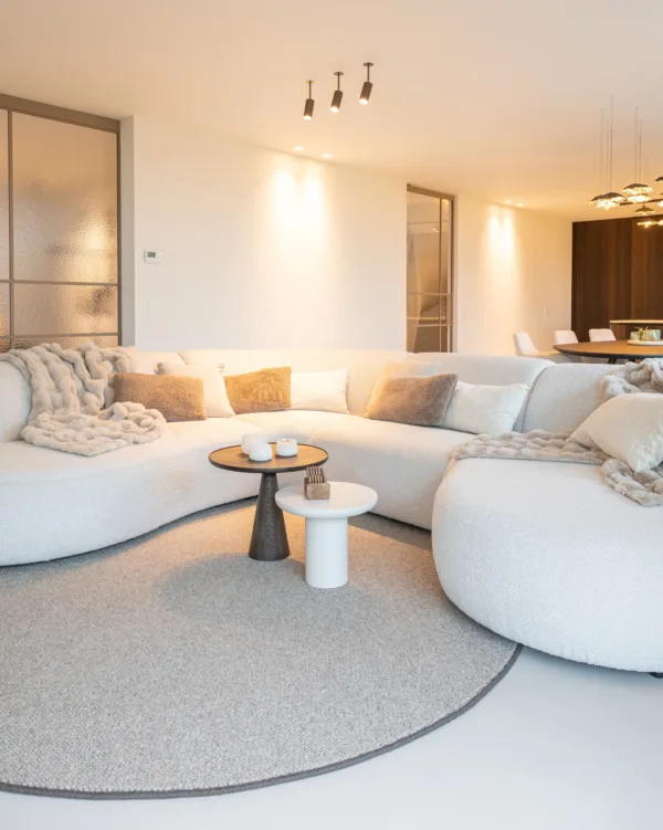Woonkamer met loungebank, lichtgrijs organisch vloerkleed en sfeerverlichting