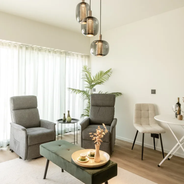 Woonkamer in Scandinavian woonstijl met Best Wool vloerkleed en inbetween gordijnen