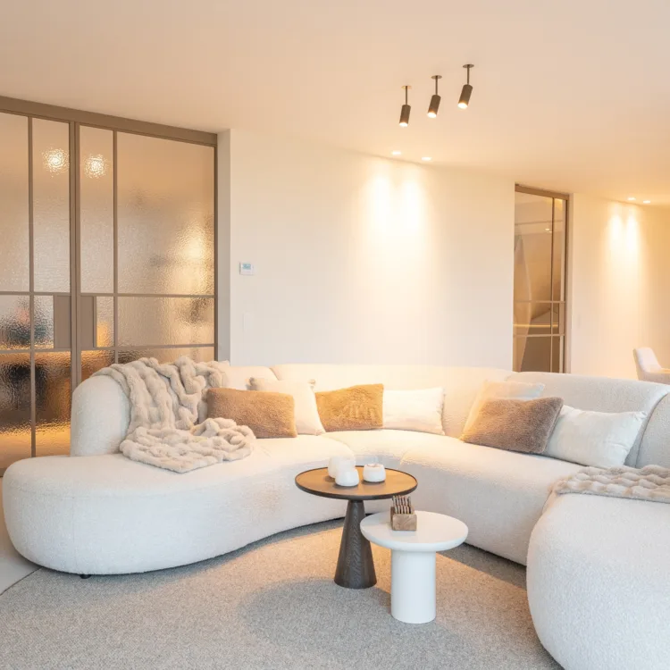 Make-over Modern Glow van Bart Appeltans: een moderne woonkamer ingericht met veel textuur en zachte kleuren.